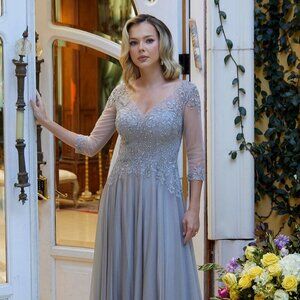 New A-Line Chiffon Mother Of Bride Gown w/ Beads Embroidery & 3/4 Sleeves GL3572